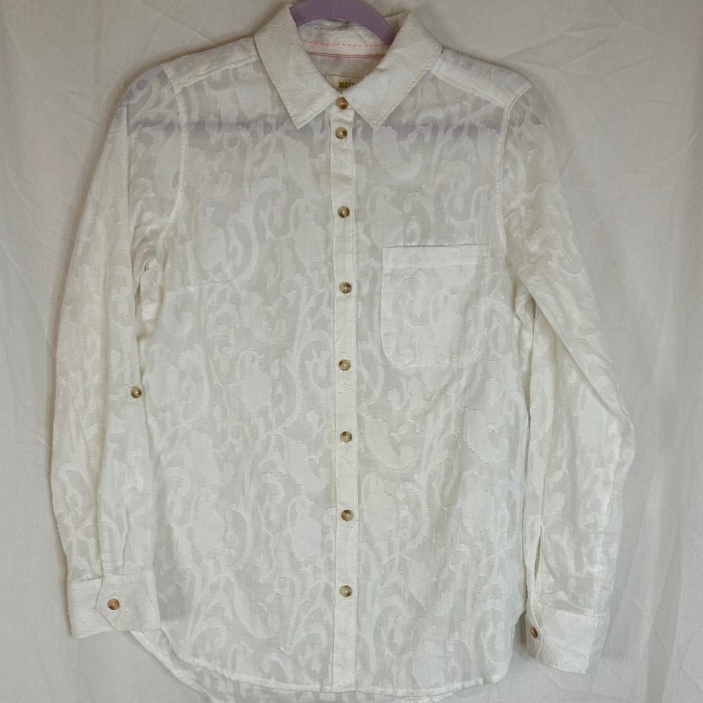 Maeve‎ Anthropologie Womens Button Down Shirt Size 8 White Floral Long Sleeve
